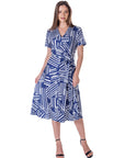 Womens Navy and White Short Sleeve Tie Waist Midi Dress