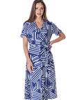 Womens Navy and White Short Sleeve Tie Waist Midi Dress