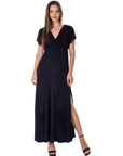 Womens Flutter Sleeve Metallic Knit Maxi Dress Front Slit Empire Waist