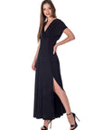 Womens Flutter Sleeve Metallic Knit Maxi Dress Front Slit Empire Waist