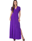 Womens Flutter Sleeve Metallic Knit Maxi Dress Front Slit Empire Waist