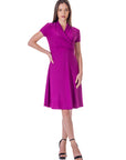 Womens Short Sleeve Knee Length V Neck Rouched Wrap Dress