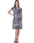 Womens Print Short Sleeve Knee Length V Neck Rouched Wrap Dress