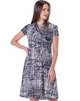 Womens Print Short Sleeve Knee Length V Neck Rouched Wrap Dress