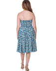Womens Teal Floral Strapless Tube Top Flowy Knee Length Dress