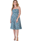 Womens Teal Floral Strapless Tube Top Flowy Knee Length Dress