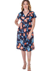 Womens Tulip Print V Neck Empire Waist Kimono Cap Sleeve Knee Length Dress