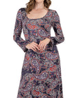 Long Sleeve Black Paisley A Line Maxi Dress