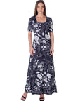Womens Black and White Elbow Sleeve Casual A Line Maxi Dress
