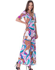 Womens Pink Floral Elbow Sleeve Casual A Line Maxi Dress