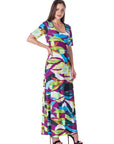Womens Multicolor Floral Print Elbow Sleeve Casual A Line Maxi Dress