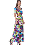 Womens Multicolor Floral Print Elbow Sleeve Casual A Line Maxi Dress
