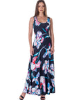 Womens Black Floral Print Scoop Neck A Line Sleeveless Maxi Dress