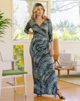 24seven Comfort Apparel Green Faux Wrap Side Slit Maxi Dress