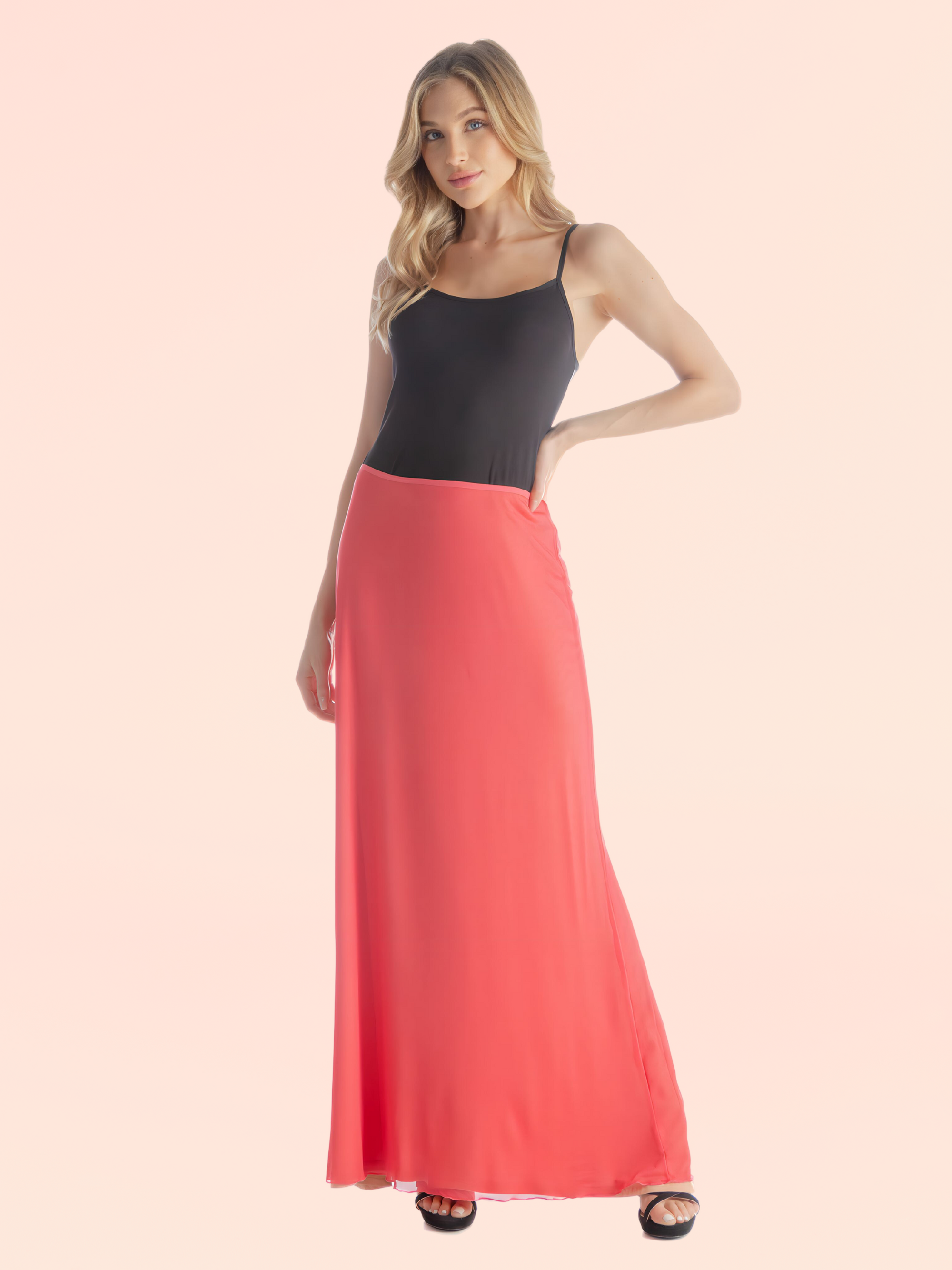 Solid Color Sheer Overlay Elastic Waist Dressy Maxi Skirt
