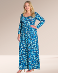 Blue Abstract Long Sleeve Pleated Plus Size Maxi Dress