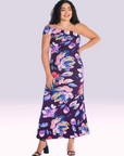 Purple Floral One Shoulder Rouched Mermaid Plus Size Maxi Dress