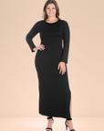 Long Sleeve Side Slit Fitted Plus Size Maxi Dress