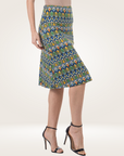 Green Geometric Elastic Waist Knee Length Skirt