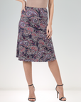 Grey Paisley Elastic Waist Knee Length Skirt