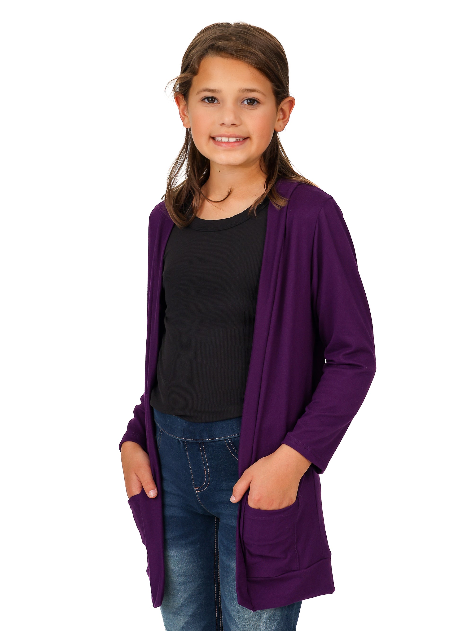24seven Comfort Apparel Girls Open Front Long Sleeve Pocket Cardigan