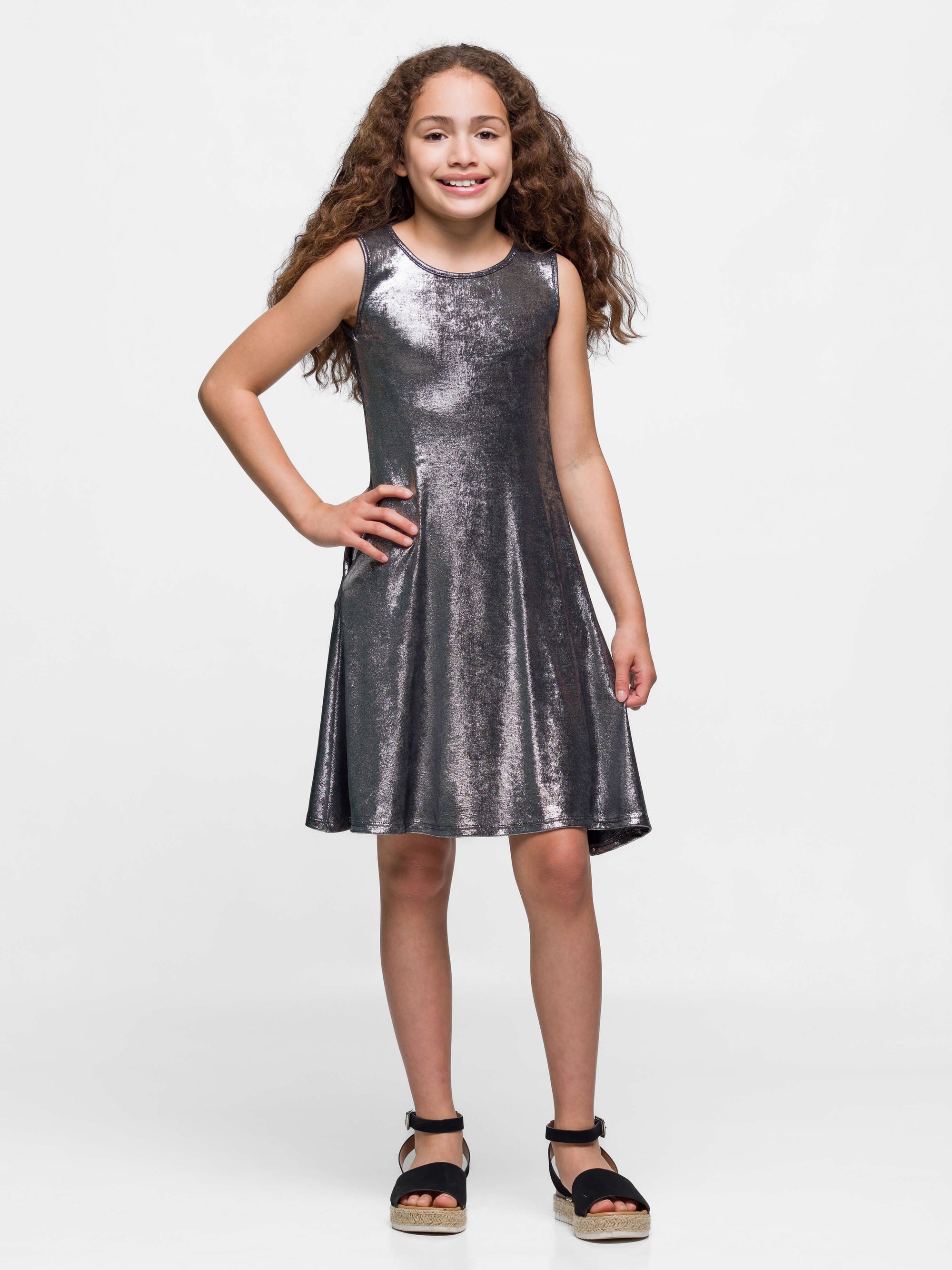 24sevenkid Girls Black Shimmery Metallic Sleeveless A Line Dress
