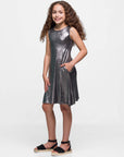 24sevenkid Girls Black Shimmery Metallic Sleeveless A Line Dress