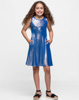 24sevenkid Girls Blue Shimmery Metallic Sleeveless A Line Dress