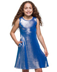 24sevenkid Girls Blue Shimmery Metallic Sleeveless A Line Dress