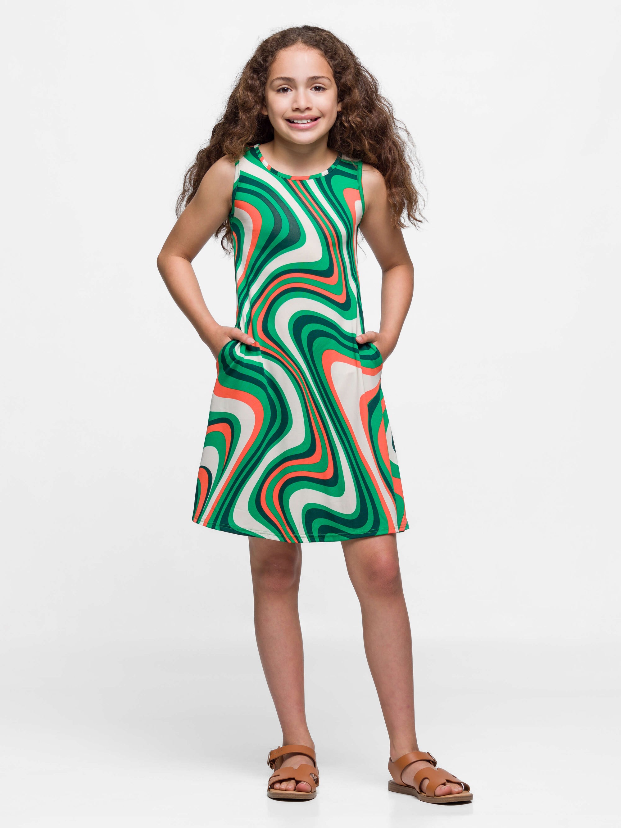 24sevenkid Green Print Sleeveless Pockets Dress