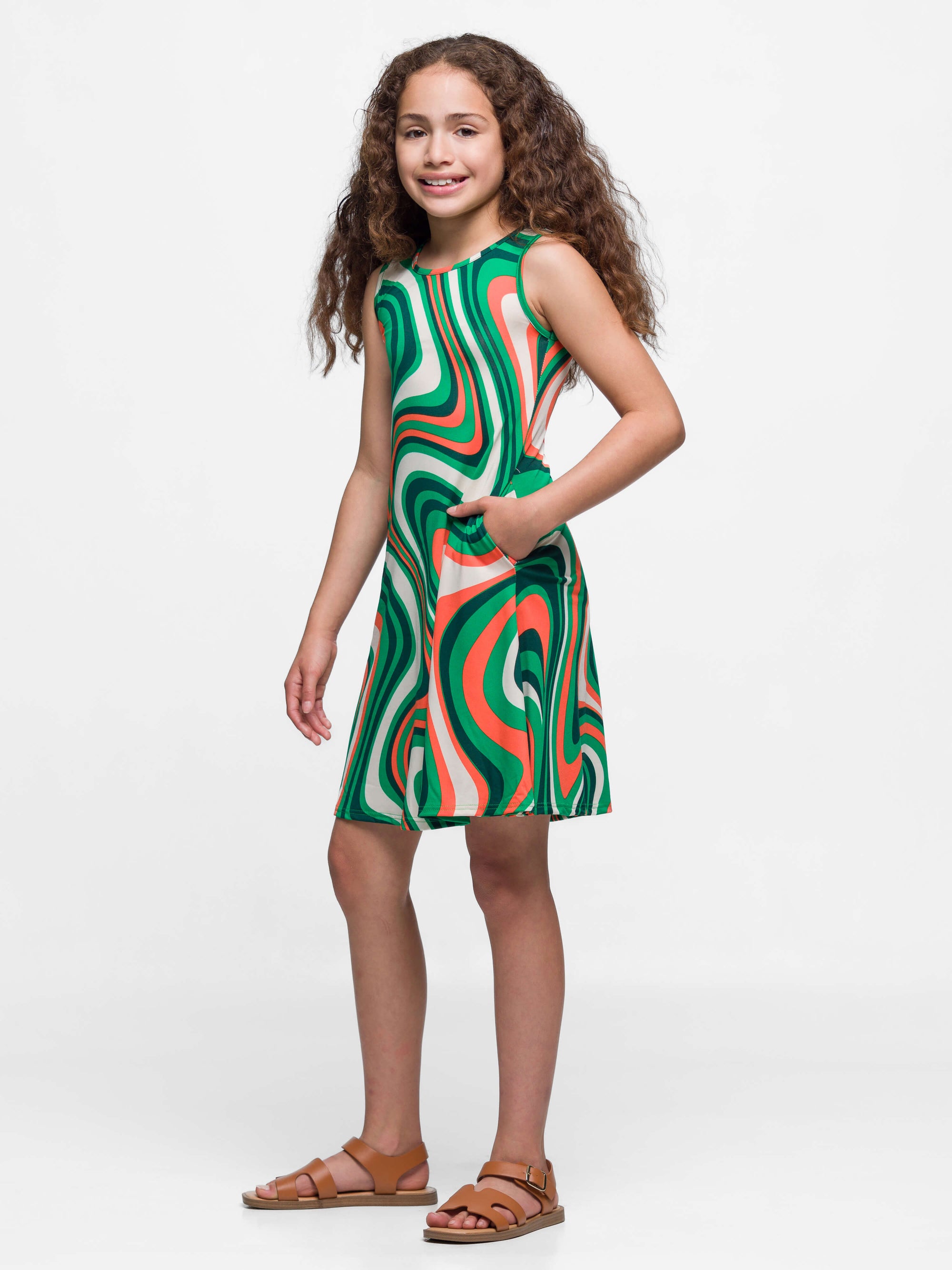 24sevenkid Green Print Sleeveless Pockets Dress