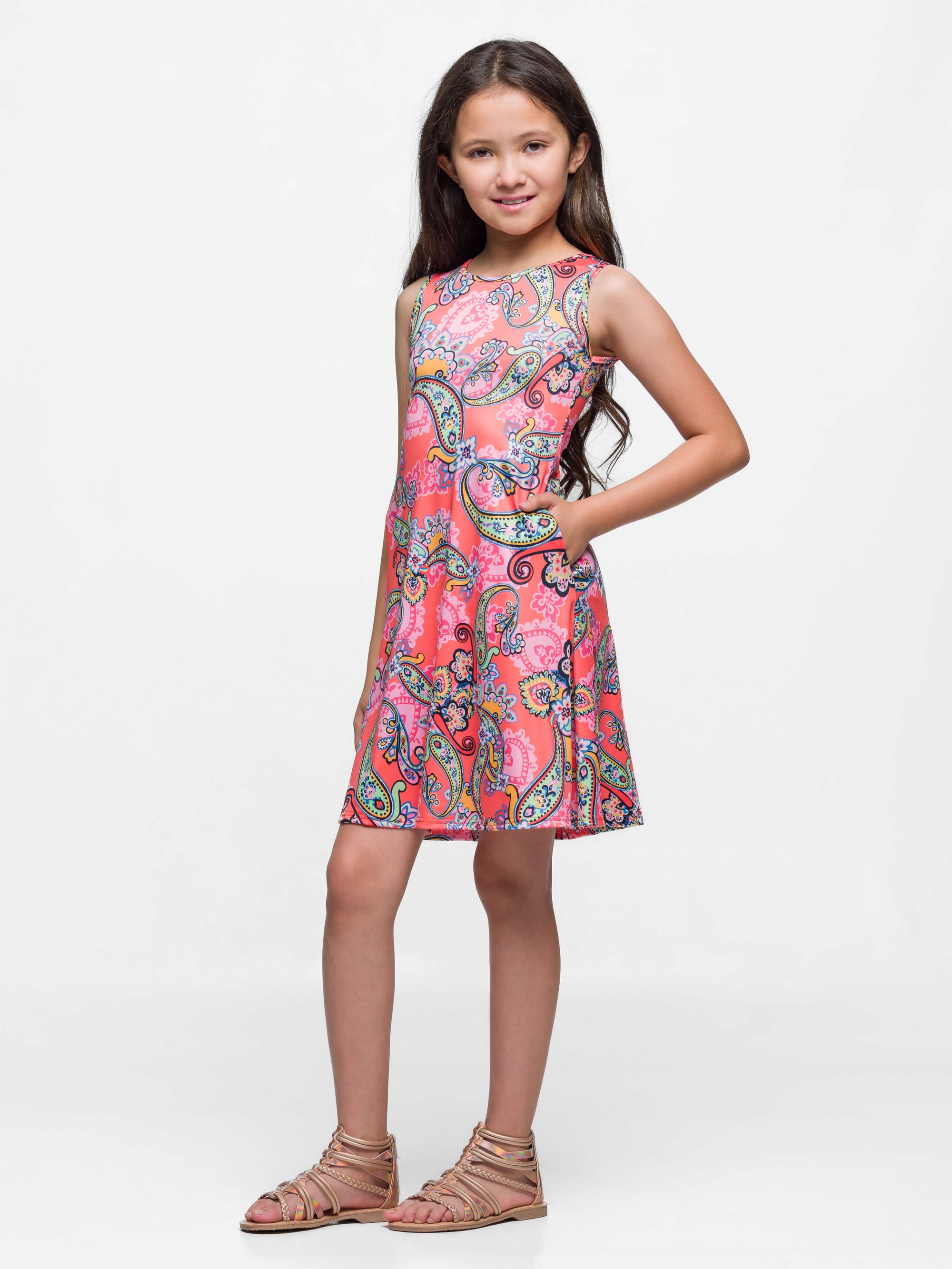24sevenkid Girls Knee Length Sleeveless A Line Pink Paisley Pocket Dress