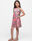 24sevenkid Girls Knee Length Sleeveless A Line Pink Paisley Pocket Dress