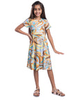 24sevenKid Girls Yellow Print Knee Length Short Sleeve Flowy Dress