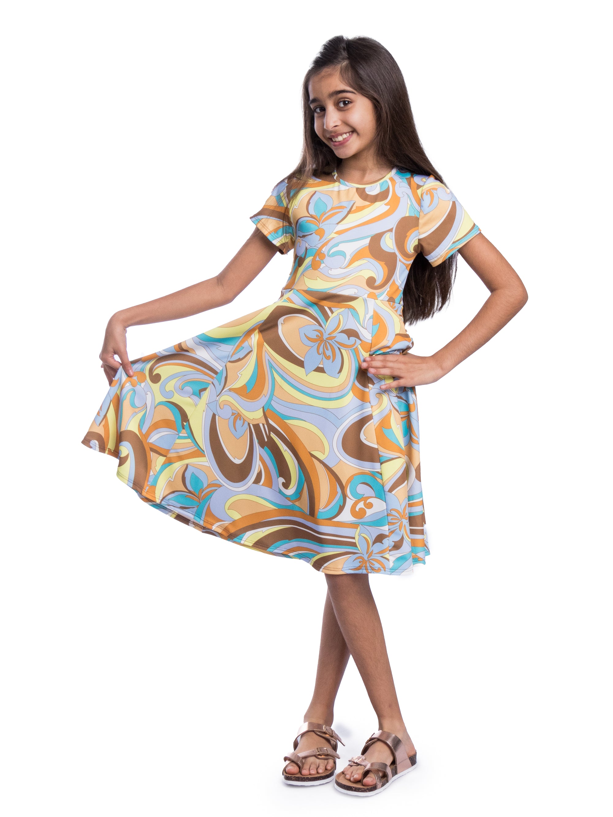 24sevenKid Girls Yellow Print Knee Length Short Sleeve Flowy Dress