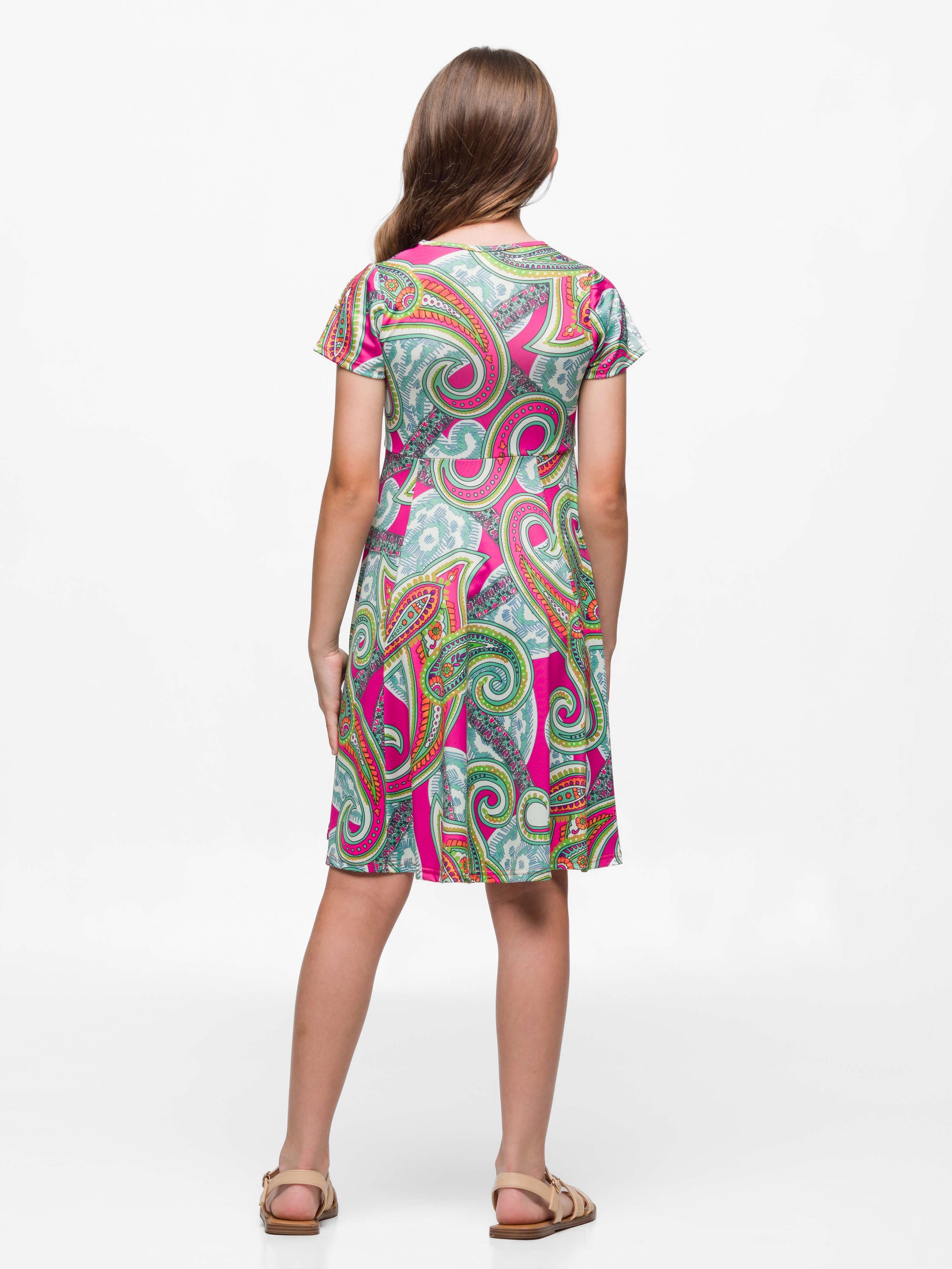 24sevenKid Girls Pink Paisley Print Short Sleeve Fit and Flare Dress