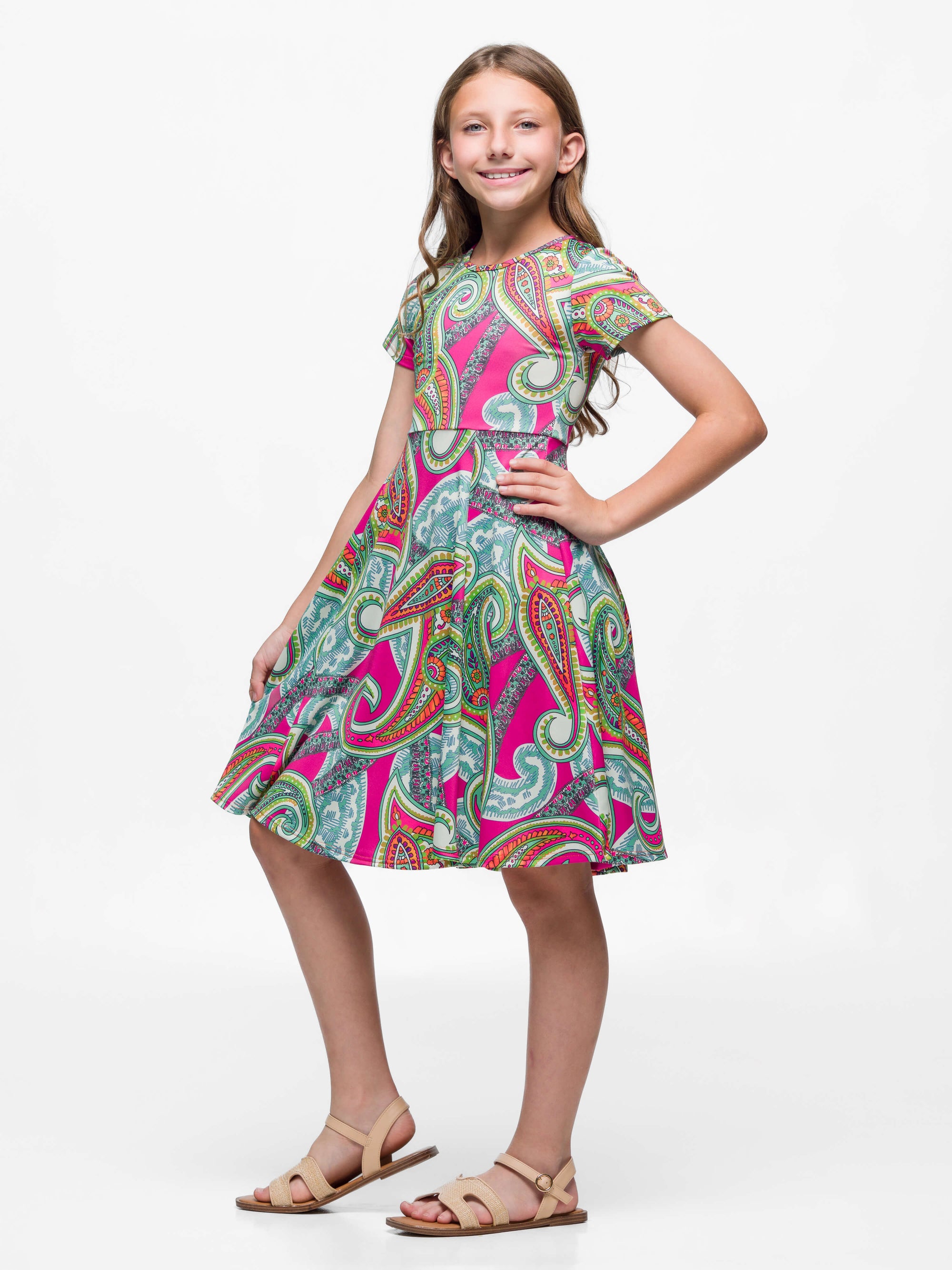 24sevenKid Girls Pink Paisley Print Short Sleeve Fit and Flare Dress