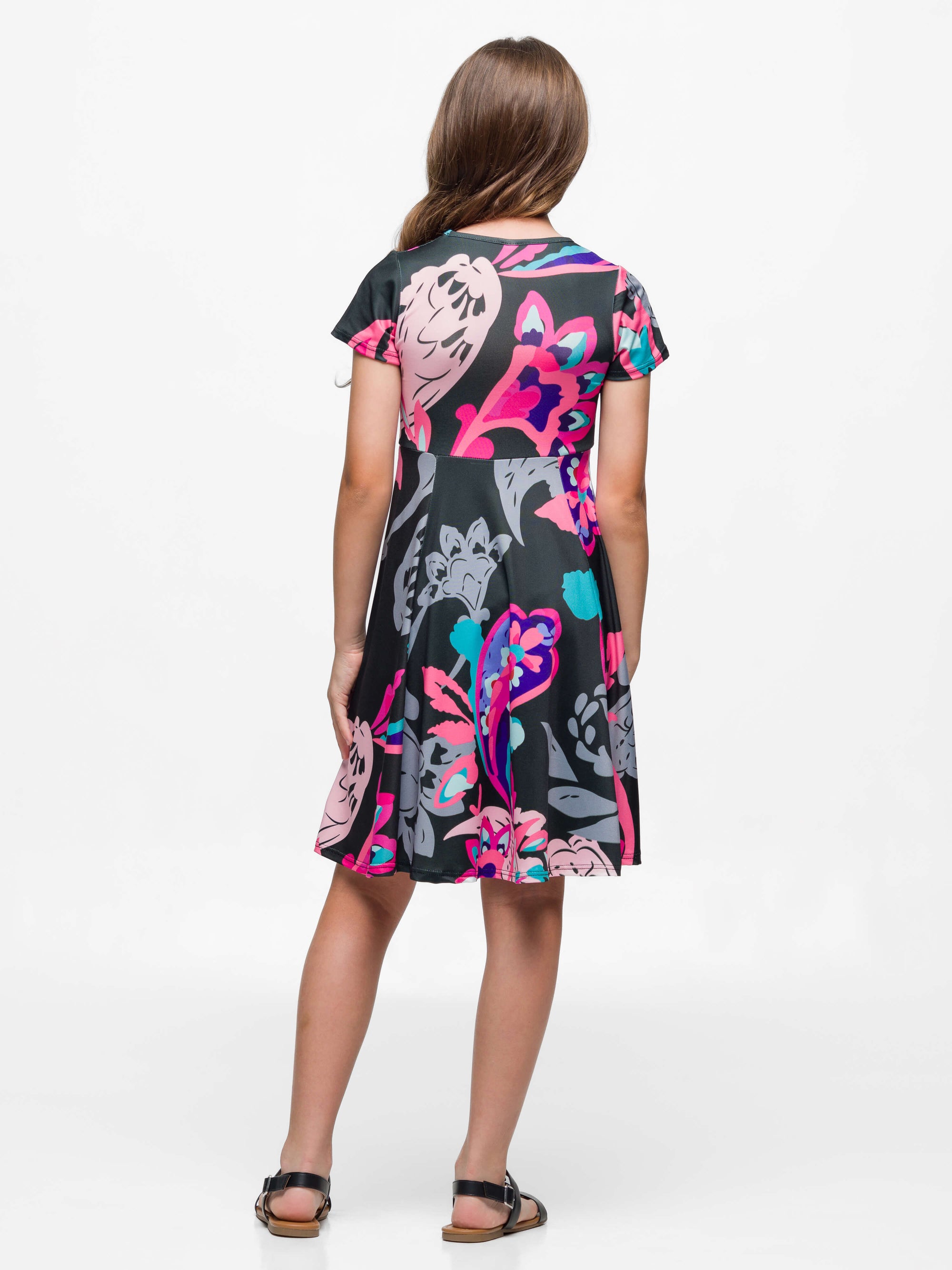 24sevenkid Girls Black and Pink Paisley Fit and Flare Knee Length Dress