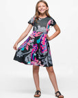 24sevenkid Girls Black and Pink Paisley Fit and Flare Knee Length Dress