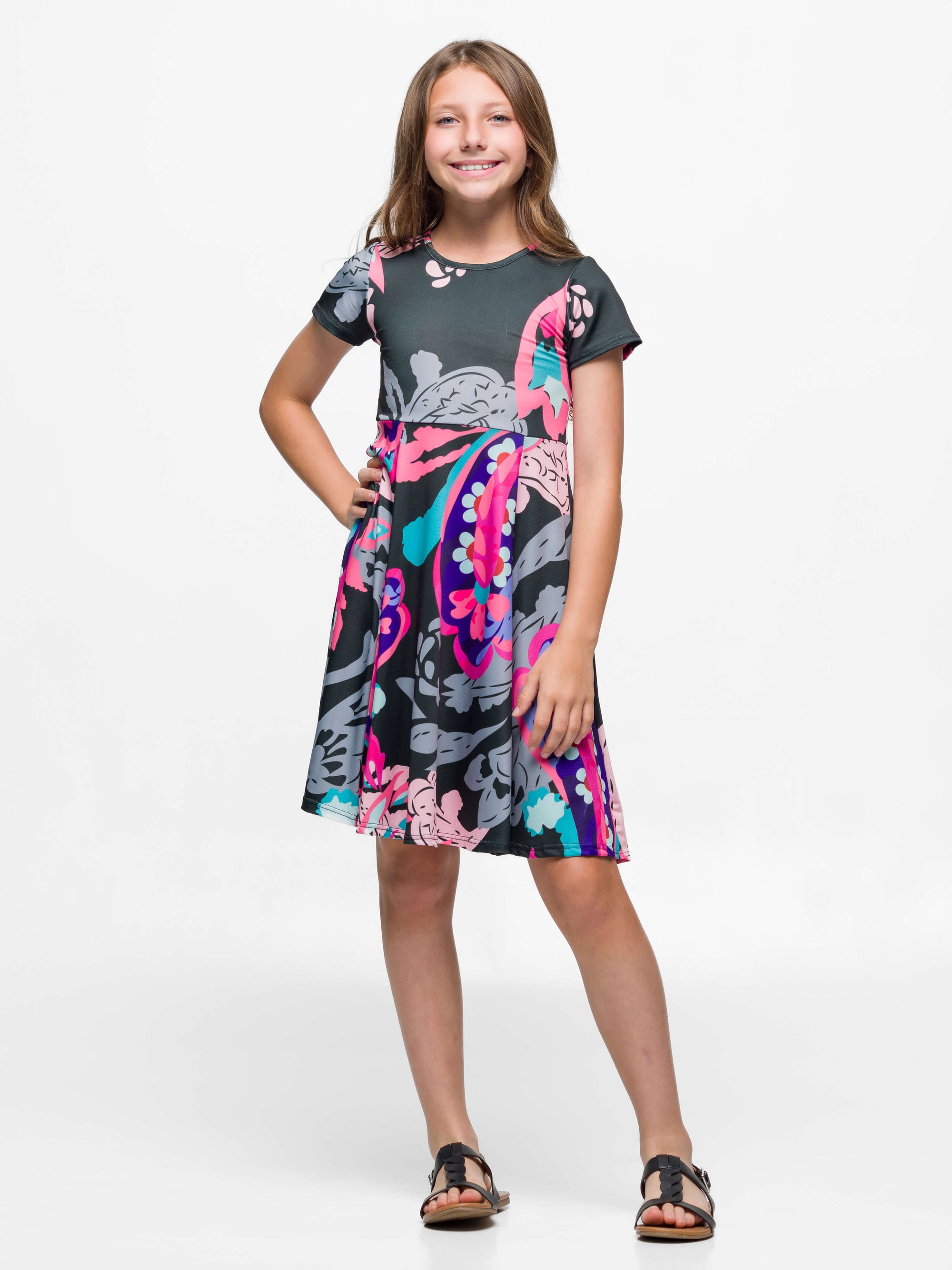 24sevenkid Girls Black and Pink Paisley Fit and Flare Knee Length Dress