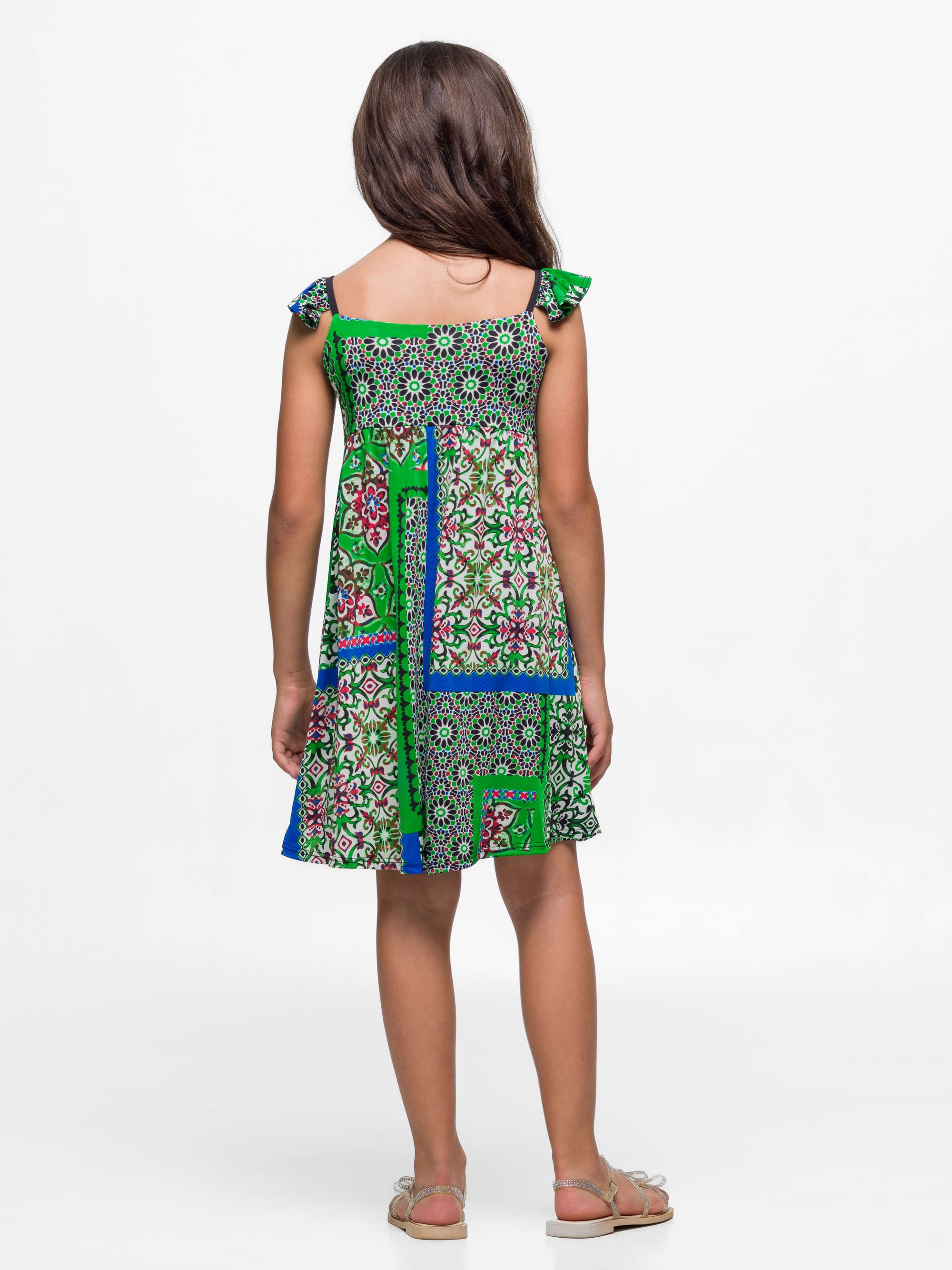 24sevenkid Girls Green Scarf Print Ruffle Summer Dress