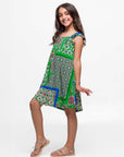 24sevenkid Girls Green Scarf Print Ruffle Summer Dress