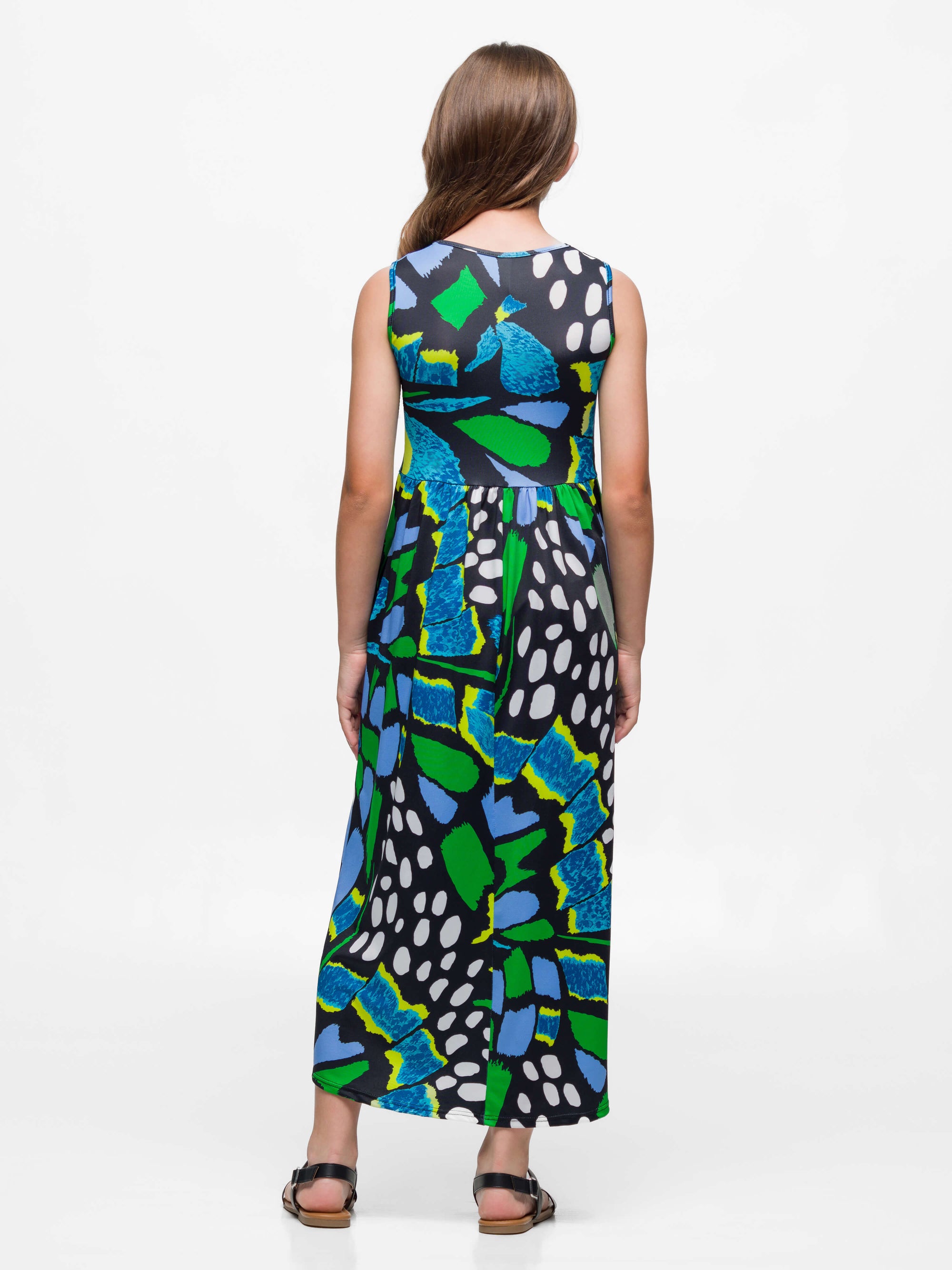 24sevenkid Girls Blue Butterfly Print Sleeveless Maxi Dress with Pockets