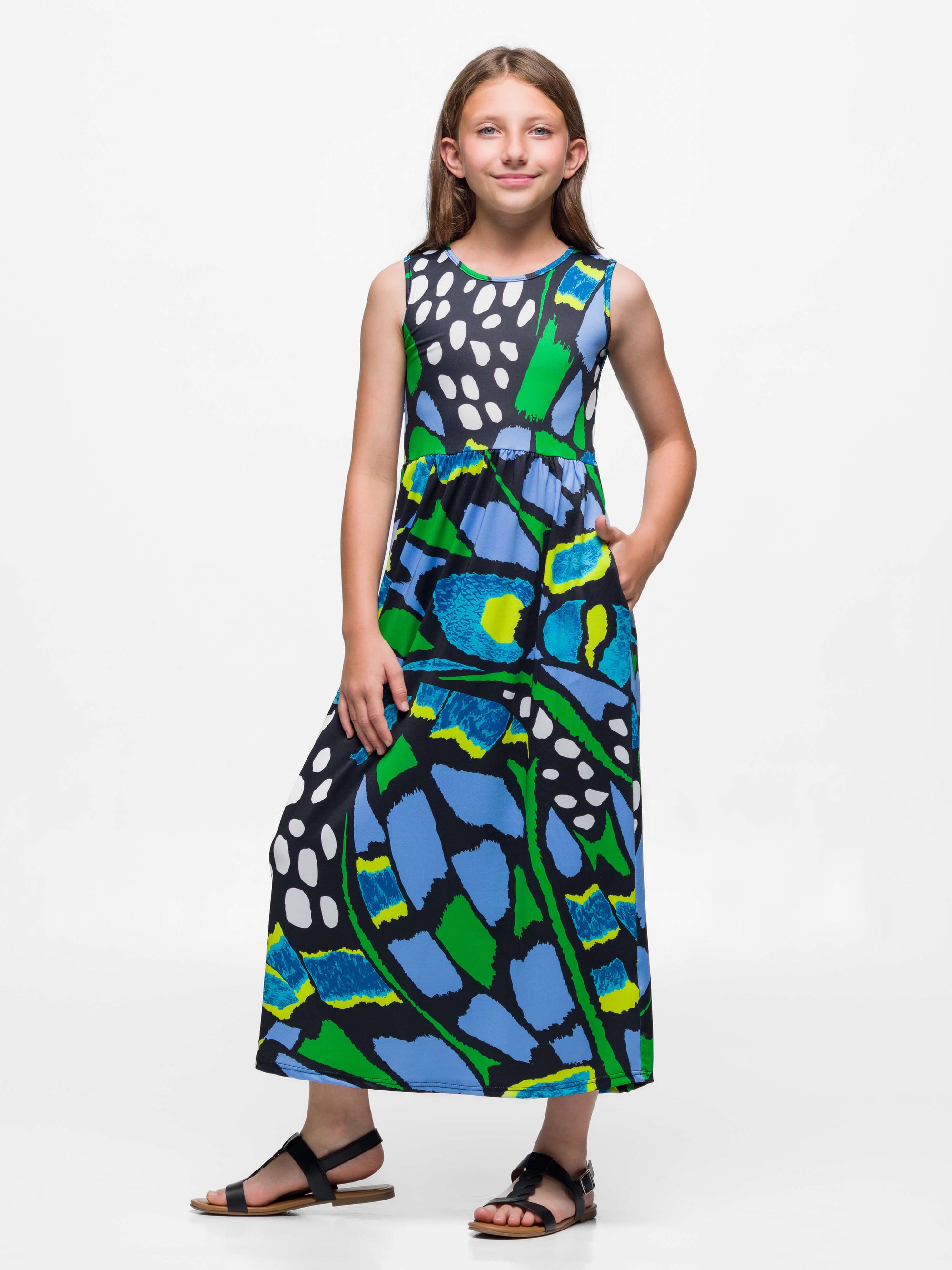 24sevenkid Girls Blue Butterfly Print Sleeveless Maxi Dress with Pockets