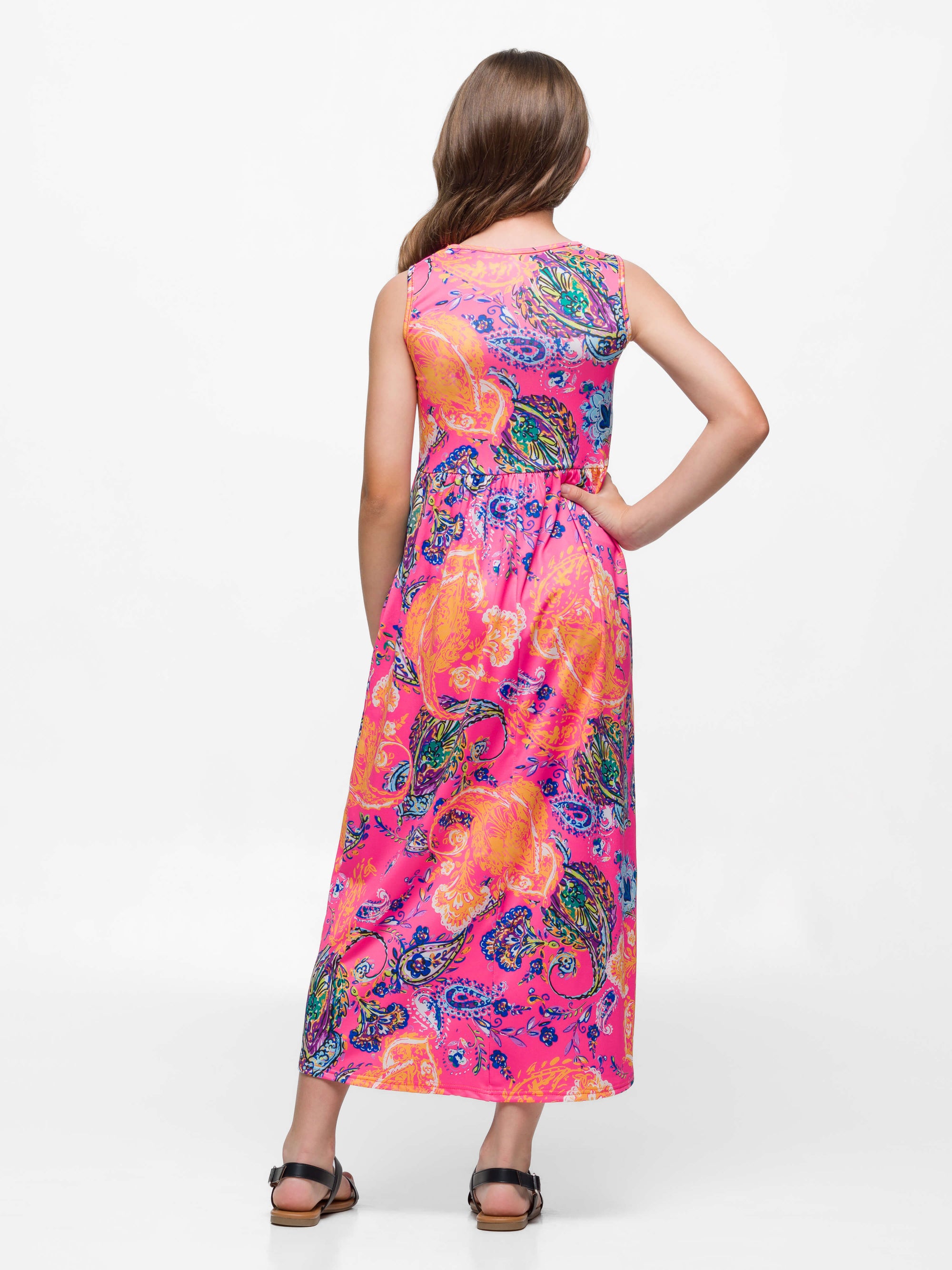 24sevenkid Girls Pink Paisley Print Sleeveless Maxi Dress with Pockets