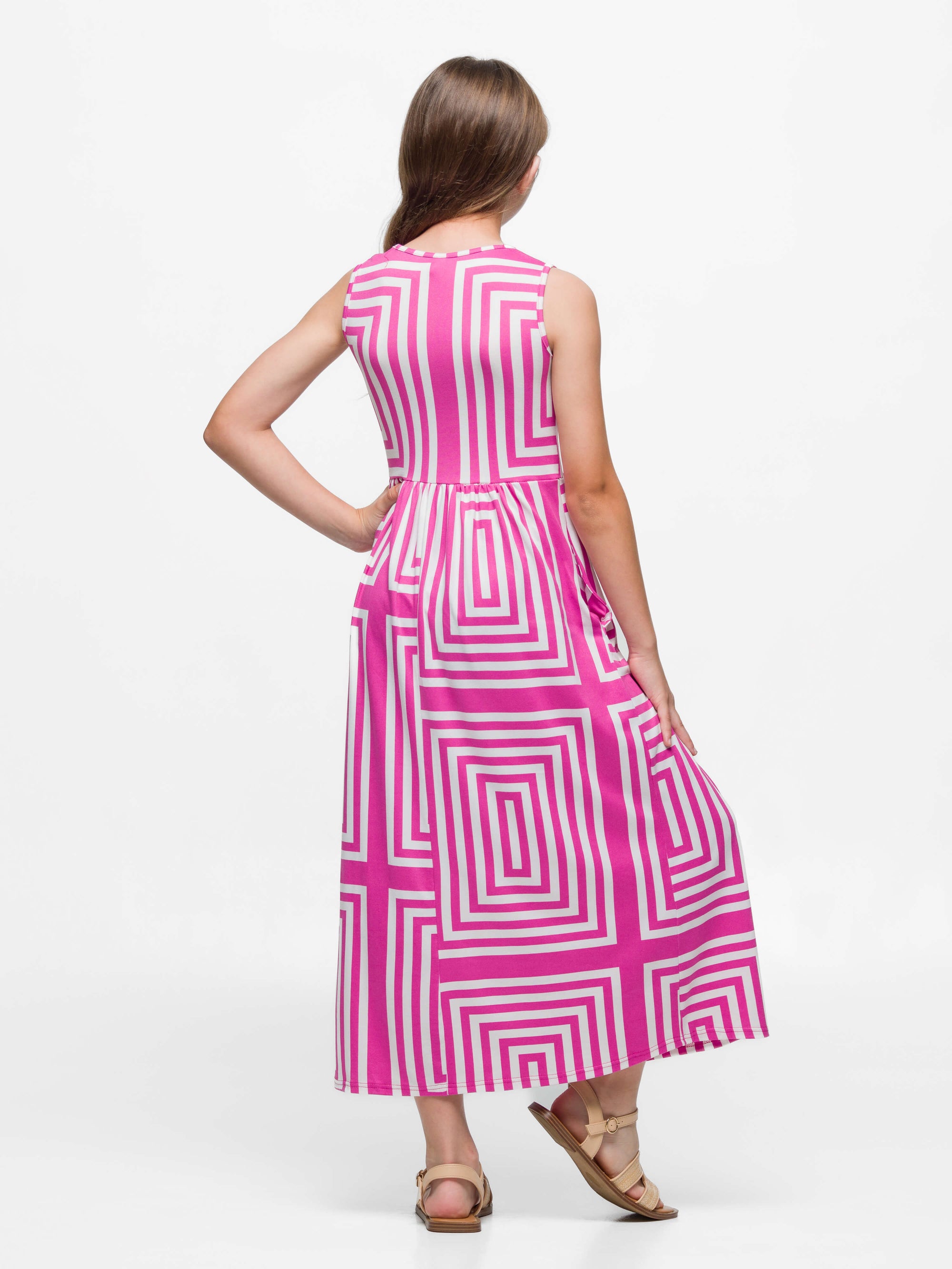 24sevenkid Girls Pink Geometric Print Sleeveless Pocket Maxi Dress