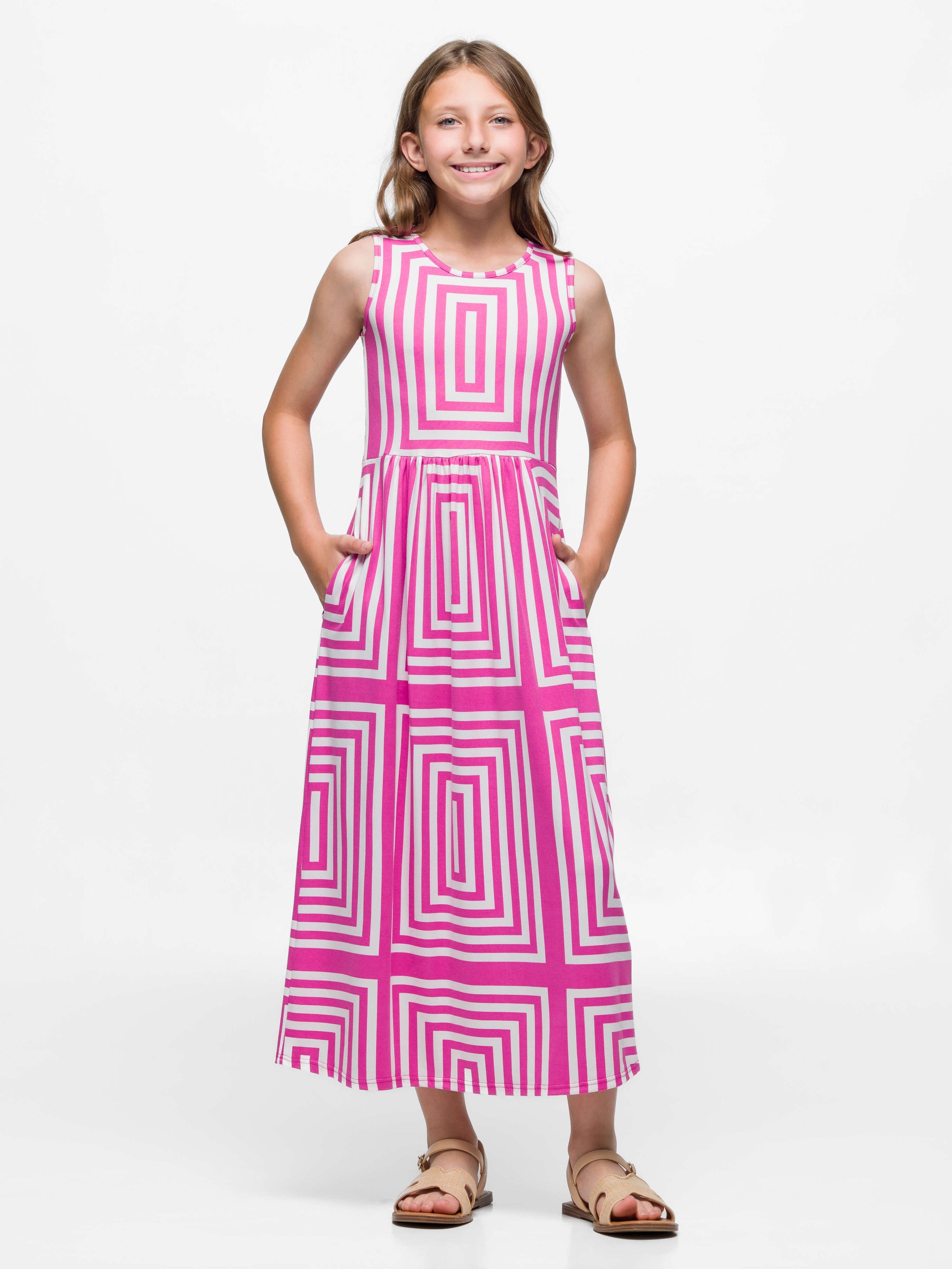 24sevenkid Girls Pink Geometric Print Sleeveless Pocket Maxi Dress