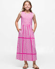 24sevenkid Girls Pink Geometric Print Sleeveless Pocket Maxi Dress
