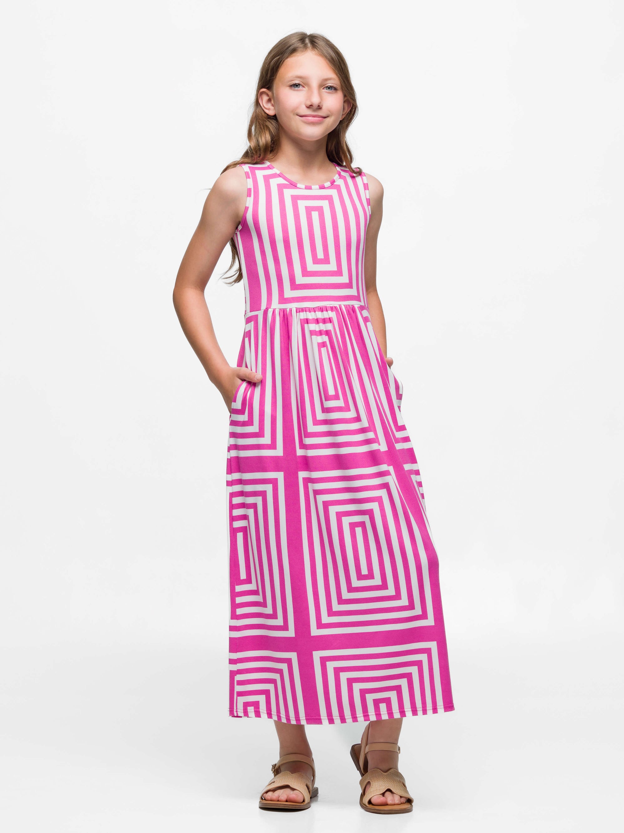 24sevenkid Girls Pink Geometric Print Sleeveless Pocket Maxi Dress