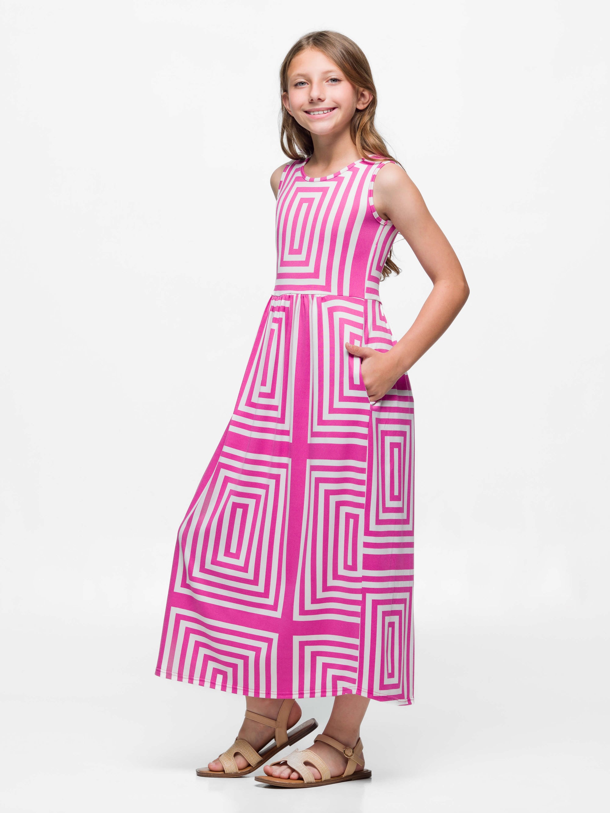 24sevenkid Girls Pink Geometric Print Sleeveless Pocket Maxi Dress